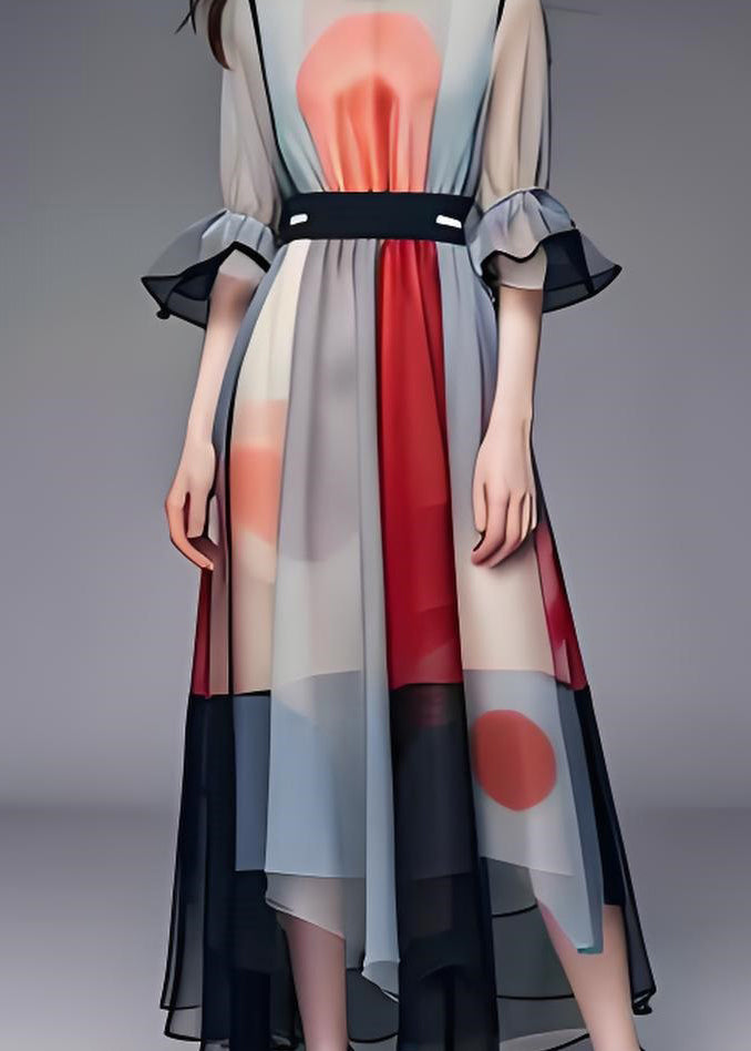 Stylish Colorblock Asymmetrical Patchwork Chiffon Dresses Summer
