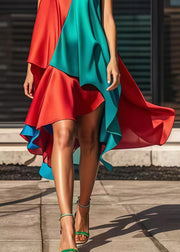 Stylish Colorblock Asymmetrical Patchwork Silk Dress Summer