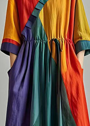 Stylish Colorblock Cinched Patchwork Cotton Long Dress Summer