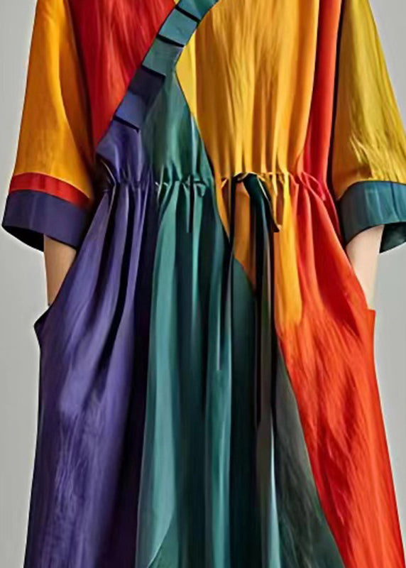 Stylish Colorblock Cinched Patchwork Cotton Long Dress Summer