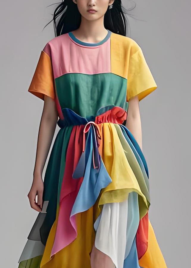 Stylish Colorblock O Neck Asymmetrical Patchwork Cotton Dress Summer