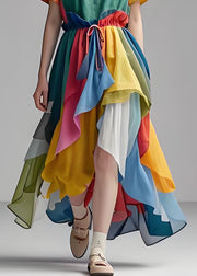 Stylish Colorblock O Neck Asymmetrical Patchwork Cotton Dress Summer