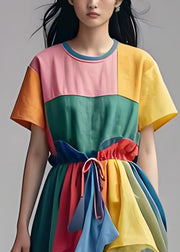 Stylish Colorblock O Neck Asymmetrical Patchwork Cotton Dress Summer