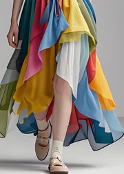 Stylish Colorblock O Neck Asymmetrical Patchwork Cotton Dress Summer