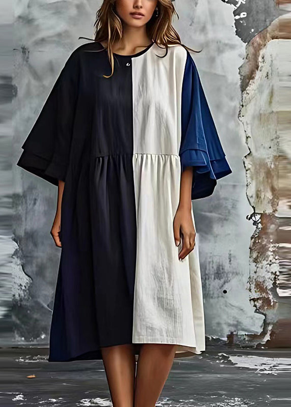 Stylish Colorblock Oversized Patchwork Cotton Dress Batwing Sleeve
