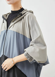 Stylish Colorblock Oversized Patchwork Drawstring Spandex Trench Fall