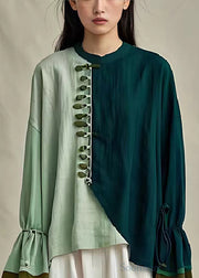 Stylish Colorblock Oversized Patchwork Linen Shirt Flare Sleeve