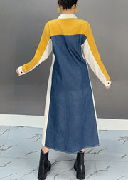 Stylish Colorblock Pan Collar Patchwork Button Holiday Long Dress Spring