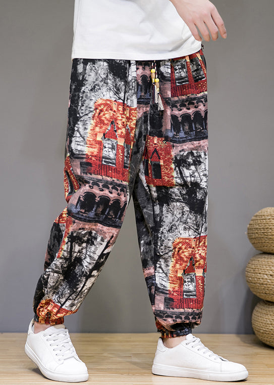 Stylish Colorblock Print Pockets High Waist Cotton Men Beam Pants Summer