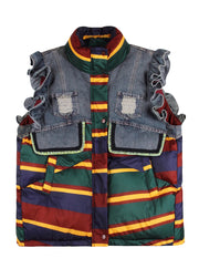 Stylish Colorblock Ruffled Patchwork Fine Cotton Filled Vest Sleeveless