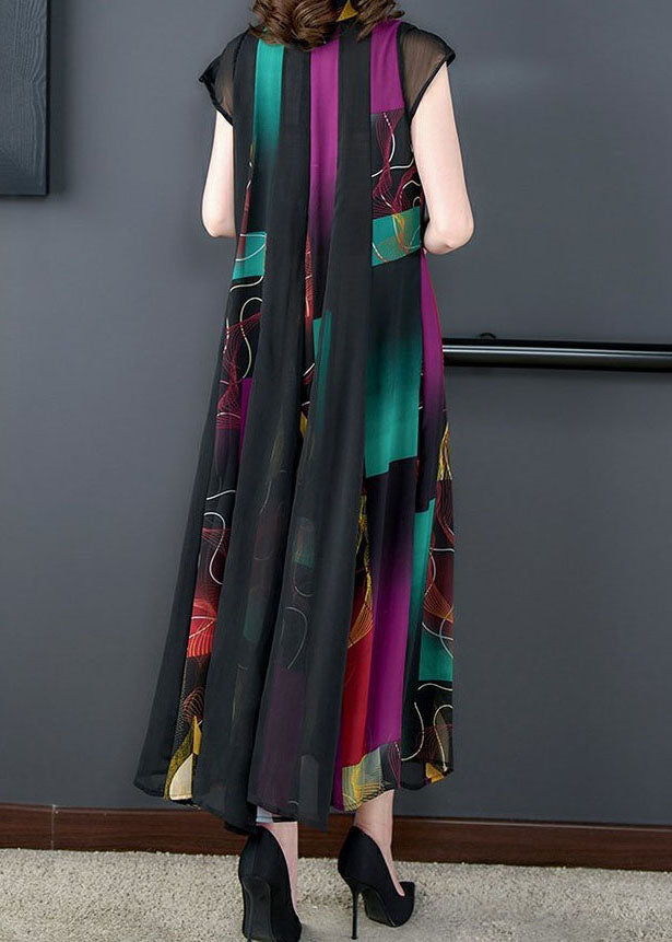 Stylish Colorblock Stand Collar Print Wrinkled Patchwork Chiffon Dress Summer