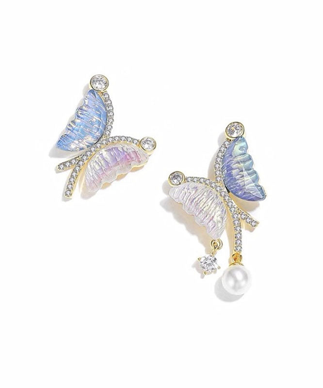 Stylish Colorblock Sterling Silver Alloy Zircon Asymmetric Crystal Pearl Butterfly Drop Earrings