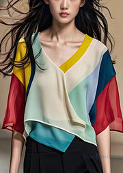 Stylish Colorblock V Neck Asymmetrical Chiffon Shirt Half Sleeve