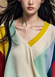 Stylish Colorblock V Neck Asymmetrical Chiffon Shirt Half Sleeve