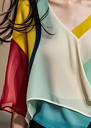 Stylish Colorblock V Neck Asymmetrical Chiffon Shirt Half Sleeve