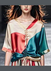 Stylish Colorblock V Neck Cinched Patchwork Silk Blouses Summer