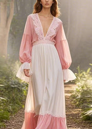 Stylish Colorblock V Neck Lace Patchwork Chiffon Long Dresses Flare Sleeve