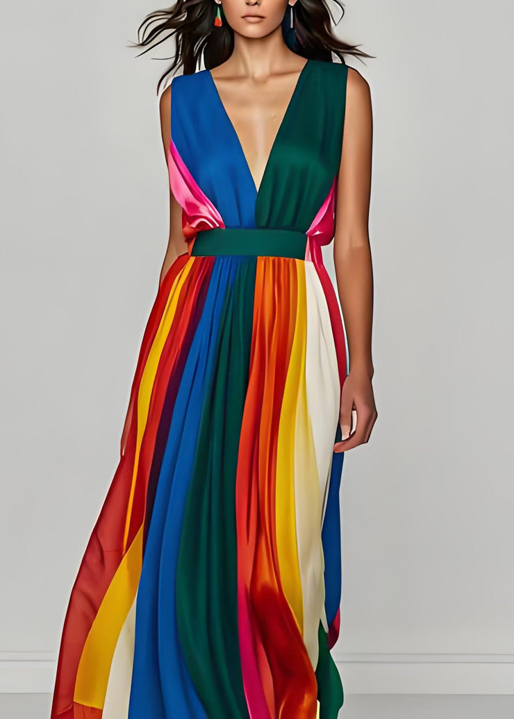 Stylish Colorblock V Neck Patchwork Silk Long Dresses Sleeveless