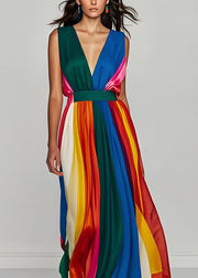 Stylish Colorblock V Neck Patchwork Silk Long Dresses Sleeveless