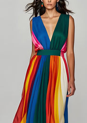 Stylish Colorblock V Neck Patchwork Silk Long Dresses Sleeveless