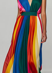 Stylish Colorblock V Neck Patchwork Silk Long Dresses Sleeveless