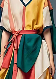 Stylish Colorblock V Neck Patchwork Tulle Ankle Dress Summer