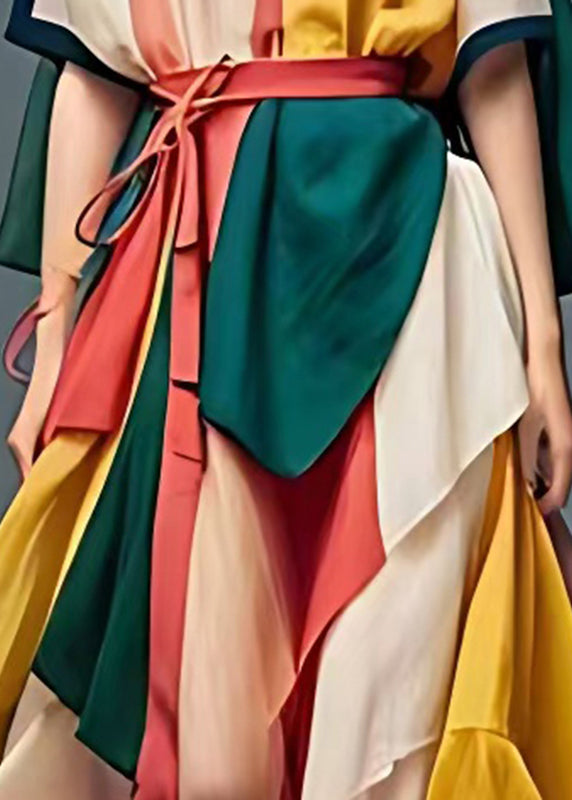 Stylish Colorblock V Neck Patchwork Tulle Ankle Dress Summer