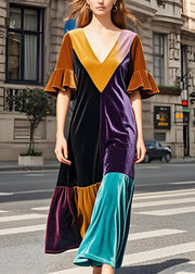 Stylish Colorblock V Neck Patchwork Velvet Dress Butterfly Sleeve