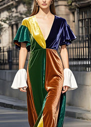 Stylish Colorblock V Neck Patchwork Velvet Dresses Butterfly Sleeve