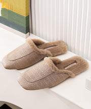 Stylish Comfy Caramel Slippers Shoes Splicing Fuzzy Wool Lined