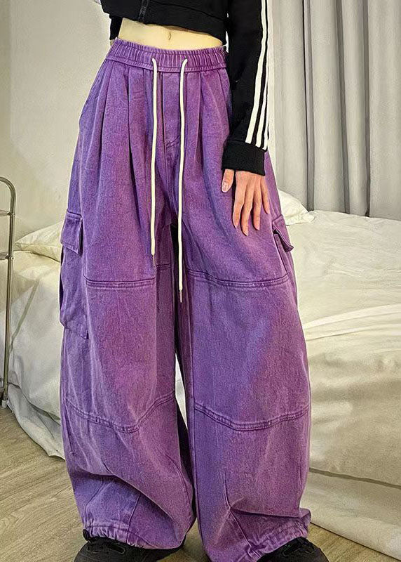 Stylish Cozy Purple Pockets Patchwork Cotton Wide Leg Pants Spring