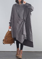 Stylish Dark Gray Turtleneck Asymmetrical Low High Design Cotton Long Dresses Fall