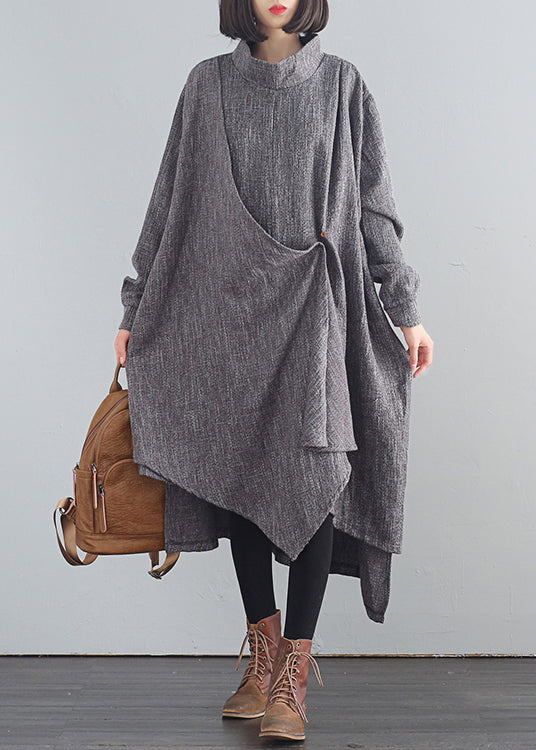 Stylish Dark Gray Turtleneck Asymmetrical Low High Design Cotton Long Dresses Fall