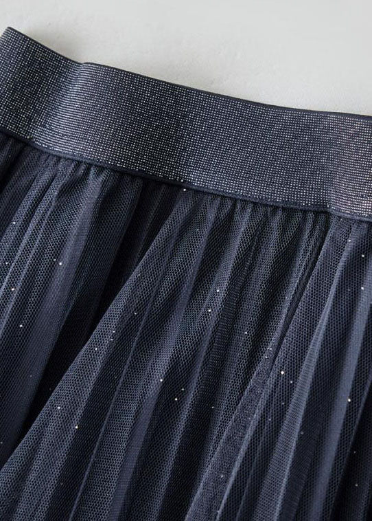 Stylish Dark Grey Elastic Waist Sequins Tulle Pleated Skirt Summer