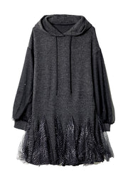 Stylish Dark Grey Hooded Tulle Patchwork Knit Dresses Spring