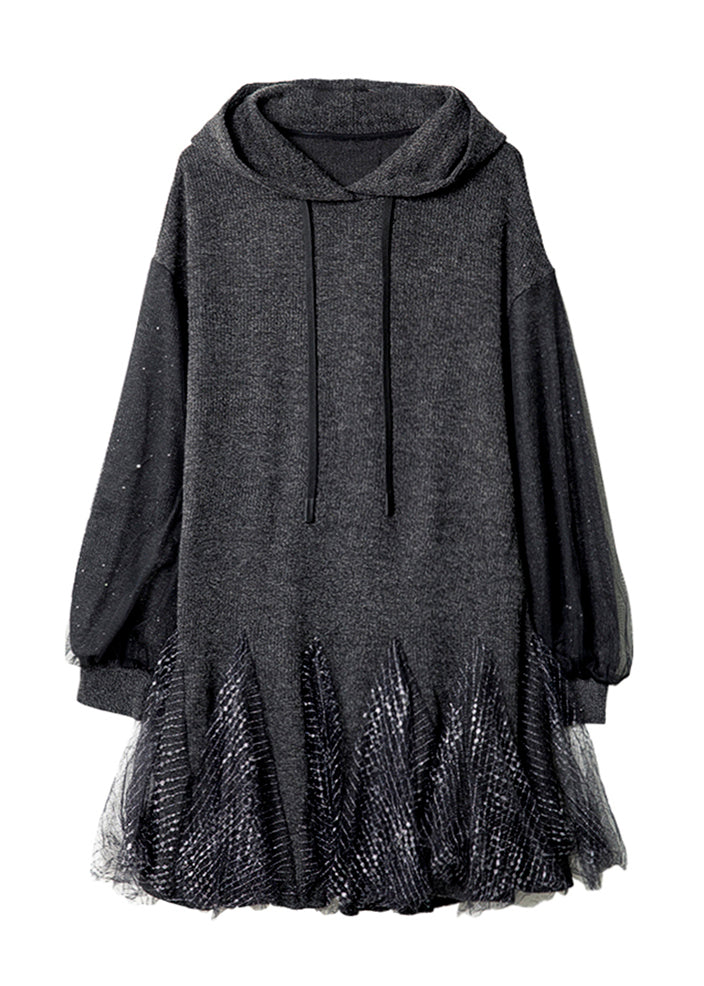 Stylish Dark Grey Hooded Tulle Patchwork Knit Dresses Spring