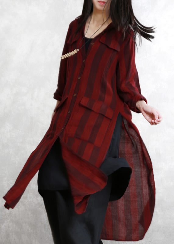 Stylish Dark Red Peter Pan Collar Striped Button Side Open Low High Design Long Shirts Spring