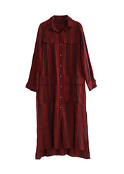 Stylish Dark Red Peter Pan Collar Striped Button Side Open Low High Design Long Shirts Spring