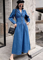 Stylish Denim Blue Cinched Patchwork Elastic Waist Long Dresses Spring