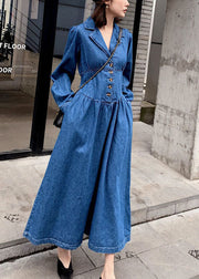 Stylish Denim Blue Cinched Patchwork Elastic Waist Long Dresses Spring