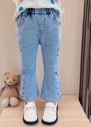 Stylish Denim Blue Patchwork Pockets Kids Girls Crop Flared Pants Spring