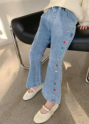 Stylish Denim Blue Patchwork Pockets Kids Girls Crop Flared Pants Spring