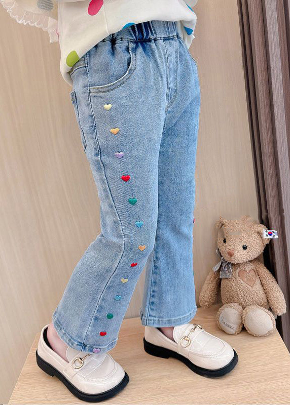 Stylish Denim Blue Patchwork Pockets Kids Girls Crop Flared Pants Spring