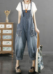 Stylish Denim Blue Slash Neck Print Patchwork Harem Jumpsuit Sleeveless