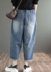 Stylish Denim Blue Solid Color Elastic Waist Pockets Patchwork Applique Cotton Harem Pants Summer