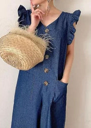 Stylish Denim Blue V Neck Cotton Jumpsuit Wide Leg Pants Butterfly Sleeve