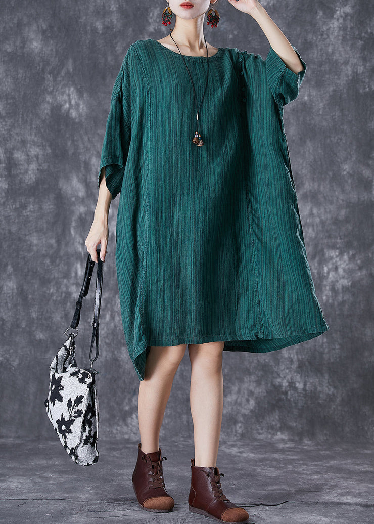 Stylish Dull Green Oversized Striped Linen Dresses Batwing Sleeve