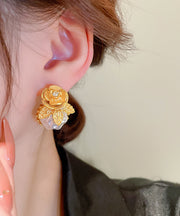 Stylish Gold Alloy Zircon Floral Pearl Stud Earrings