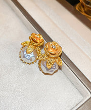 Stylish Gold Alloy Zircon Floral Pearl Stud Earrings