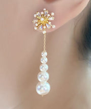 Stylish Gold Alloy Zircon Pearl Fireworks Tassel Drop Earrings